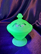 Vintage Fenton Satin Custard Uranium Glass Covered Candy Dish Floral UV Glow picture