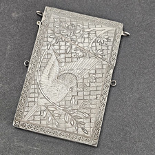 Antique Victorian Engraved Silver Tone Calling Card Case Chatelaine Loops Hinged picture