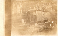 Antique RPPC Homemade Wooden Travel Trailer Camper Men Real Photo Postcard picture