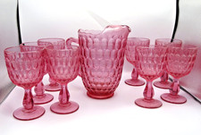 Fenton Colonial Pink Thumbprint Pitcher & 8 Goblets  picture