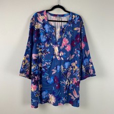 Catherines Muse Pintuck Tunic Shirt Size 4X Blue Floral 3/4 Sleeves Popover picture