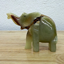 Vintage Carved Green Onyx Stone Elephant Figurine 4.5” Raised Trunk picture