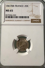 1867 BB France Silver 20 Centimes NGC MS65 Napoleon III Gem UNC - Low Price picture