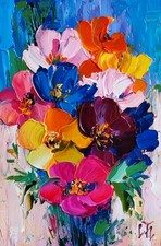 original oil painting Daisy Colorful Wildflowers Impasto Floral Small art 6*4 in picture