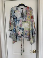 DG2 Diane Gillman Kimono Style Tassels Tie Multi-Print Blouse Medium New w/ Tags picture