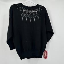 Womens Vintage Grandma Sweater Size L Embellished Statement Tassels Lattice 90s picture