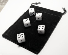 set of 5 Dice, 16mm Acrylic, black dots on White w/ black velvet drawstring bag picture