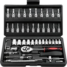 46PC 1/4in Drive Socket Ratchet Wrench Set Metric Bit Extension Bar Storage Case picture