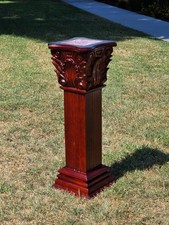 Vintage Corinthian Column Pedestal Plant Stand Carved Wood Faux Marble Plinth 36 picture