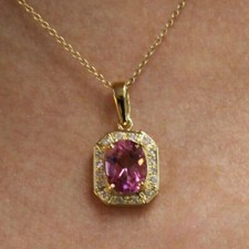 3.7 ctw Natural Pink Topaz Diamond Solid 14k Yellow Gold Oval Halo Drop Pendant picture