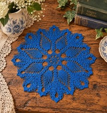 Vtg Hand Crochet Blue Doily Round Floral Pineapple Lace Scalloped Cottage 10.25” picture