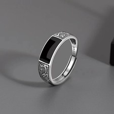 925 Sterling Silver Men's Black Gem Ring Adjustable Wedding Jewelry Gift picture
