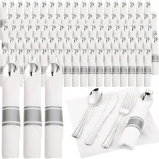 120 Pack Silver Plastic Silverware Wrapped Cutlery Set with Napkin picture