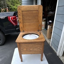 Antique Wooden Commode w/ Lid & Enamel Basin, Brown/White, Wood Metal Enamel picture