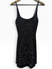 Vintage 90s Y2K Black Fully Beaded 100% Silk Slip Dress S Holiday Dress picture