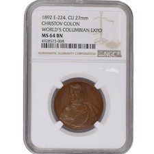 1892-Chicago Columbian Expo, Christov Colon Medal. Eglit-224. NGC - MS 64 BN picture