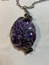 Vintage Large Carved Purple Amethyst Flower Pendant & Necklace 36mmx47mm 29.74g picture
