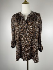 Cocomo Petite XL Brown Abstract Leopard Spot Roll Tab Sleeve Tunic Top Blouse picture