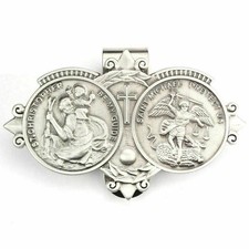 St Christopher & St Michael Medal Silver Catholic Guide & Protect Visor Clip picture