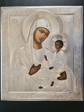 Antique Russian Orthodox hand painted icon of Mother of God. 19 c. picture