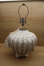 Vintage White Woven Wicker Rattan Basket Table Lamp Tassel Boho Cottagecore EUC picture