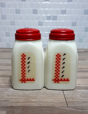 1930's McKee Roman Arch Custard Yellow Glass Shakers 2Set w Red Checkered Decals picture