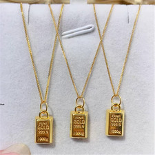 Pure 999 24K Yellow Gold Long Oblong With 18K Yellow Gold Wheat Necklace 18in picture