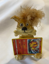 Vintage Ceramic Dog Figurine with Fuzzy Hair Holding Bone Kitschy Japan Retro picture
