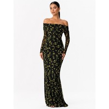 AFRM Thelma Black Floral Mesh Off The Shoulder Long Sleeve Maxi Dress Size M NWT picture