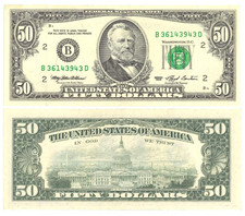 Small Portrait $50 Dollar Bill Banknote Old Design VINTAGE Federal Reserve Note picture