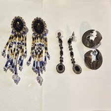 3pc VTG Earring Lot - Hand Beaded Fringe, Modernist Silver, Art Deco Rhinestone picture