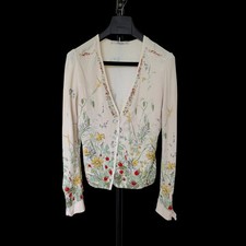 Blumarine Floral Strawberry Beaded Cardigan Cream Rayon Italy Distressed IT 46 picture