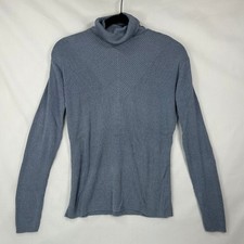 Vintage 90s Carlisle 100% Silk Ribbed Turtleneck Sweater Blue Chevron Knit Top L picture