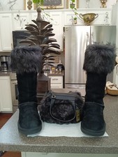 UGG ROSANA TALL BLACK TOSCANA SHEARLING CUFF BOOTS, Size 10, MATCHING CROSSBODY picture