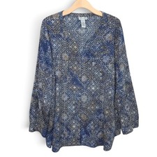 Catherines Top Womens 3X 26/28W Blue Geometric Roll Tab Sleeve Stretch Blouse  picture