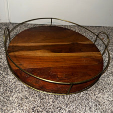 Round Wood Serving Tray w/ Gold-Tone Metal Handles & Rim, Large 18 in picture