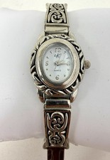 VTG Brighton Santa Barbara Womens Watch Silver Scroll Leather NEW BATTERY 22.5mm picture