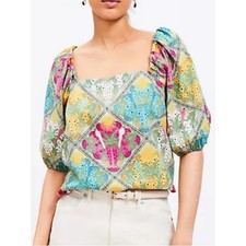 LOFT Palm Bubble Sleeve Square Neck Tropical Blouse Medium picture