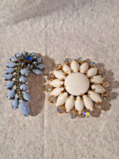 Vtg DeLizza-Elster-Juliana Blue & Cream Milk Glass & AB Stones Cabochon Brooches picture