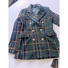 NWT BLANKNYC Double Breasted Plaid Tweed Coat Womens XS Emerald Green Gold picture