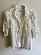 Pilcro White Cotton Woven Collared Button Smocked Ruffle Puff Blouse S picture