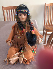 Native American Style Girl Doll Black Hair Brown Fringe Outfit Headband picture