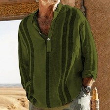 Men's Striped Stand Collar Slub Linen Shirt - Casual Breathable Long Sleeve picture