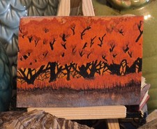 ACEO Original Watercolor Ink Painting Crimson Flight Red Landscape Art picture