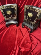 Chinese Black Lacquer Planter Set X2 Lion Ring Chinoiserie Ming Base Wood Legs picture