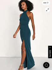 Lulu’s - Women's Teal Solid Halter Neck Sleeveless Maxi Dress Side Slit, Size S picture