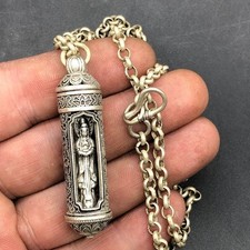Vintage Tibetan Silver Three-Faced Buddha Lucky Blessing Pendant Amulet Necklace picture