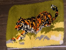 Vintage Tiger Latch Hook Rug Wall Hanging 70s Avocado Green Fiber Art Retro picture
