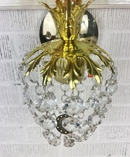 Pair Vintage Underwriters Laboratories Gold Drop Crystal Electric Light Fixtures picture