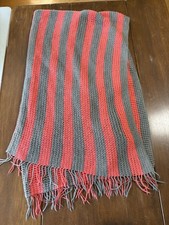 Handmade Crocheted Afghan Peach Gray Fringe Striped 72
